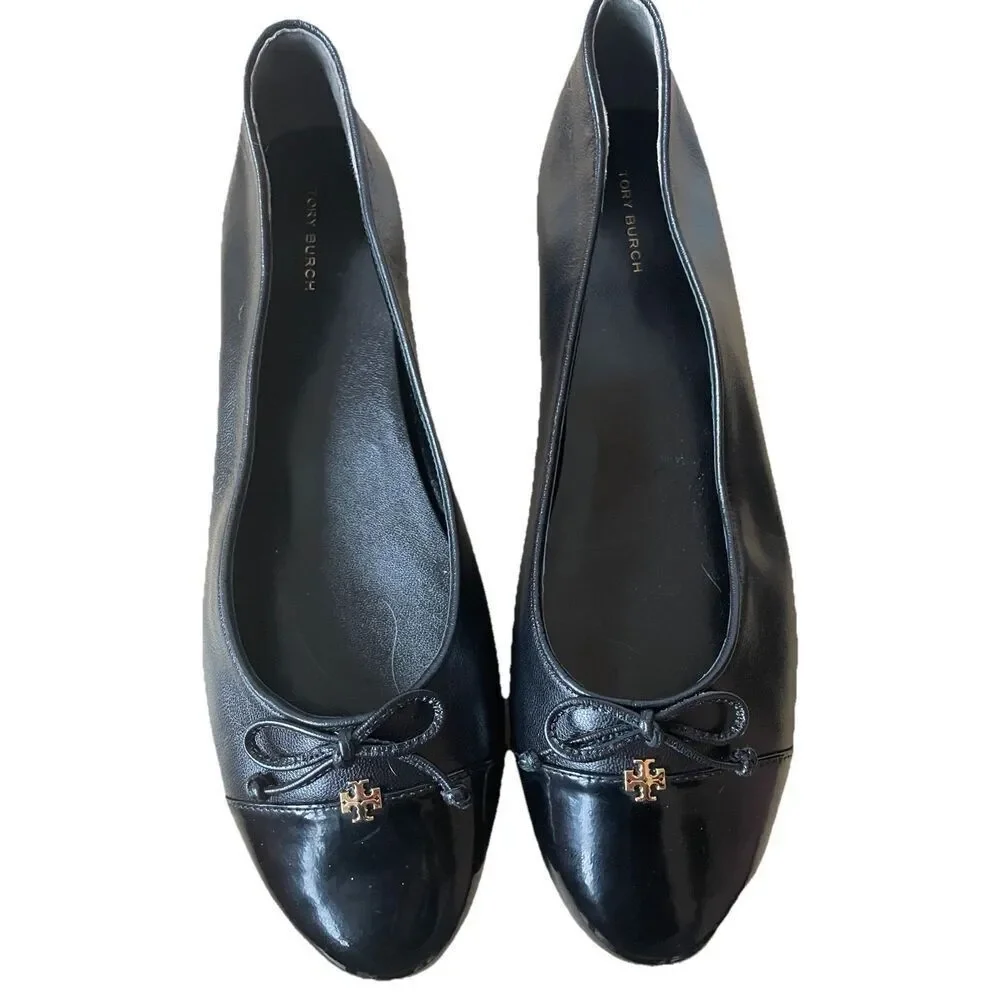 New $275 Tory Burch Cap-Toe Bow Ballet Flats in Perfect Black Size 10.5